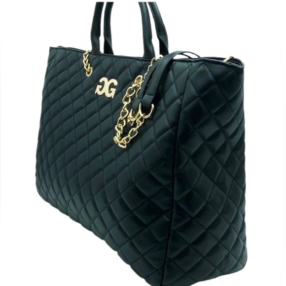 Large Gilda Paris Quilted Vegan Leather Black Tote Bag - Picture 2 of 4